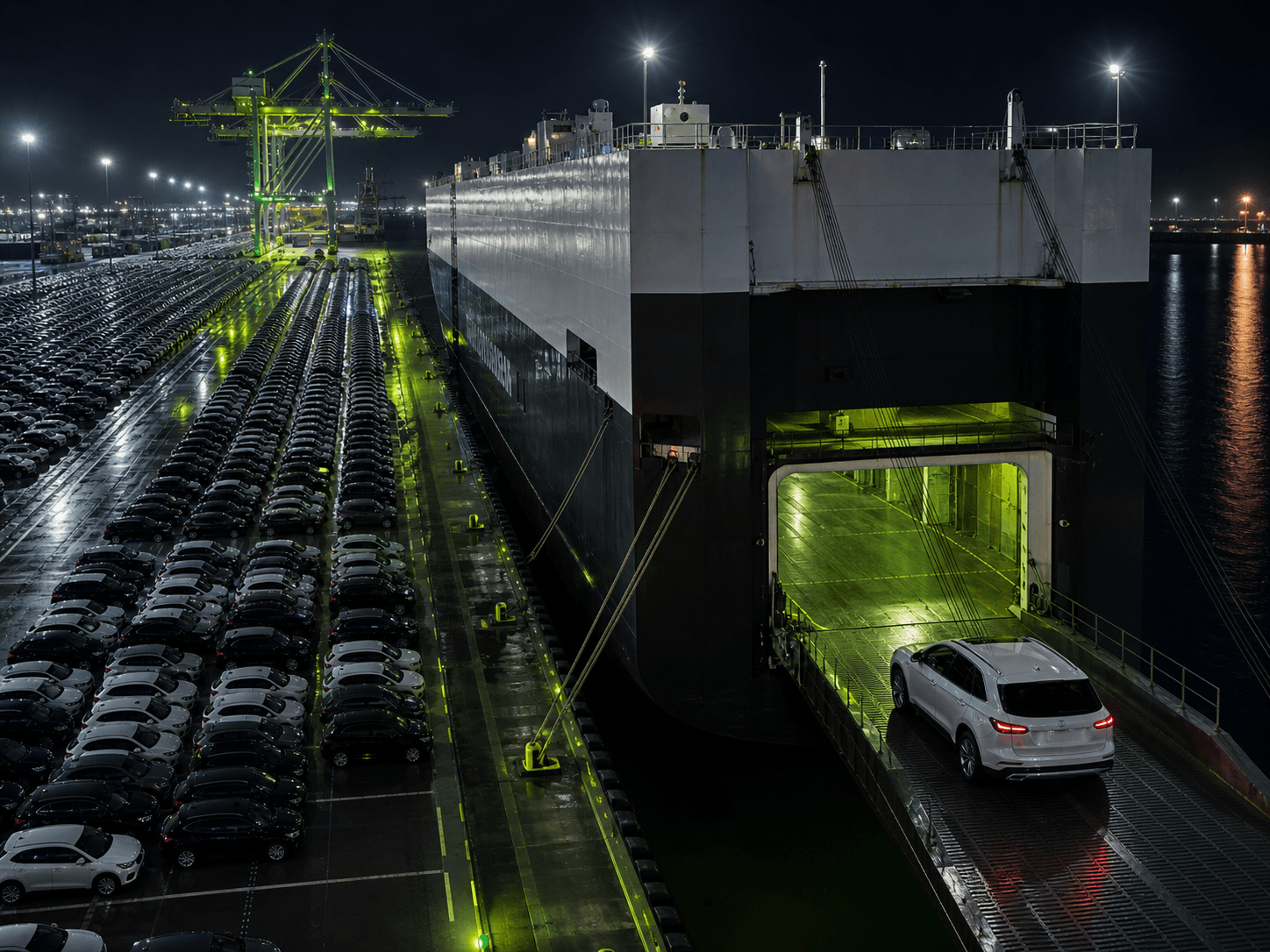 Car being loaded onto a RO-RO vessel for shipping to the UAE