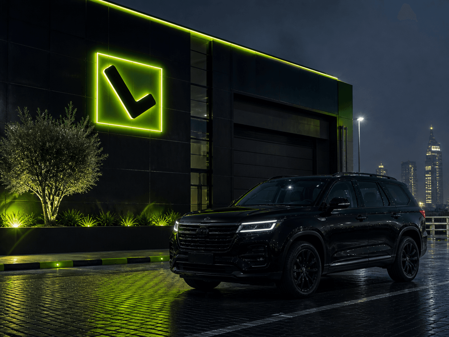 Imported SUV parked outside a Flaw Cars handover facility in Dubai at night
